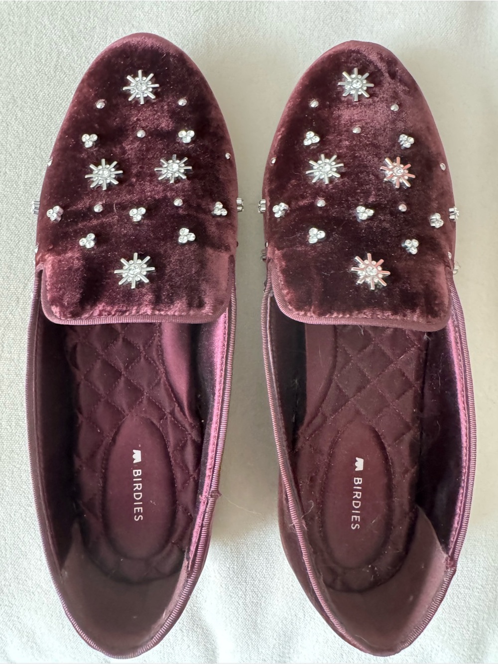 Birdies Velvet Burgundy Loafers with Crystal Star Accents